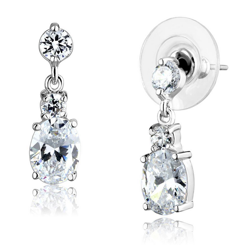 3W1290 - Rhodium Brass Earrings with AAA Grade CZ  in Clear