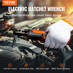 VEVOR 3/8" Cordless Electric Ratchet Wrench Set, 12V 33 Ft-lbs Power Ratchet Tool Kit, 45-Min Fast Charge, 2-Pack 2.0Ah Battery, Built-in LED Light, Variable Speed Trigger, 10 Sockets