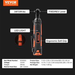 VEVOR 3/8" Cordless Electric Ratchet Wrench Set, 12V 33 Ft-lbs Power Ratchet Tool Kit, 45-Min Fast Charge, 2-Pack 2.0Ah Battery, Built-in LED Light, Variable Speed Trigger, 10 Sockets