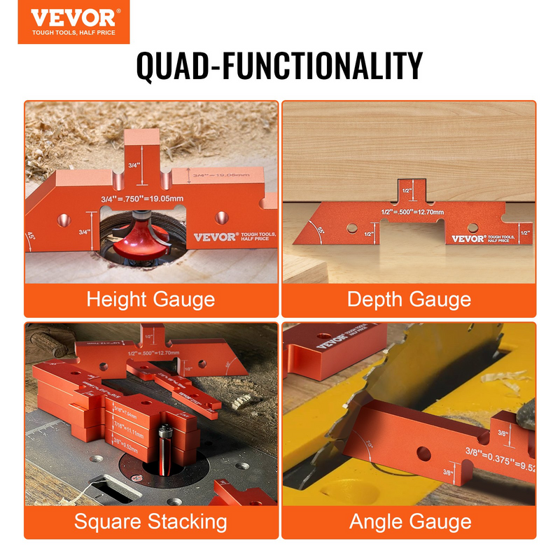 VEVOR Router Table Setup Bars, 14 pcs, Precision Aluminum Setup Blocks Height Gauge Set, with Laser Engraved Size Markings Storage Case, Measuring Depth Height Angle, for Router Table Saw Accessories