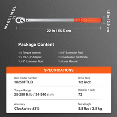 VEVOR Torque Wrench, 1/2-inch Drive Click Torque Wrench 20-250ft.lb/34-340n.m, Dual-Direction Adjustable Torque Wrench Set, Mechanical Dual Range Scales Torque Wrench Kit with Adapters Extension Rod
