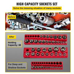 VEVOR 3-Pack SAE Magnetic Socket Organizers, 1/2-inch, 3/8-inch, 1/4-inch Drive Socket Holders Hold 68 Sockets, Red Tool Box Organizer for Sockets Storage