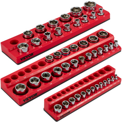 VEVOR 3-Pack SAE Magnetic Socket Organizers, 1/2-inch, 3/8-inch, 1/4-inch Drive Socket Holders Hold 68 Sockets, Red Tool Box Organizer for Sockets Storage