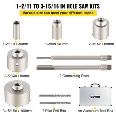 VEVOR Concrete Hole Saw Kit, 1-2/11", 1-3/5", 2-9/16", 3-5/32", 3-15/16" Drill Bit Set SDS Plus & SDS MAX Shank Wall Hole Cutter w/a 4-1/3" Connecting Rod for Concrete, Cement, Stone Wall, Masonry