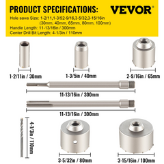 VEVOR Concrete Hole Saw Kit, 1-2/11", 1-3/5", 2-9/16", 3-5/32", 3-15/16" Drill Bit Set SDS Plus & SDS MAX Shank Wall Hole Cutter w/a 4-1/3" Connecting Rod for Concrete, Cement, Stone Wall, Masonry