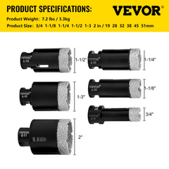 VEVOR Diamond Drill Bits 6PCS Diamond Hole Saw 19/28/32/38/45/51 mm Tile Hole Saw Kit Vacuum Brazed Diamond Drill Bit 0.59in Segment Tile Hole Saw with a Blade for Tile Ceramic Porcelain Marble