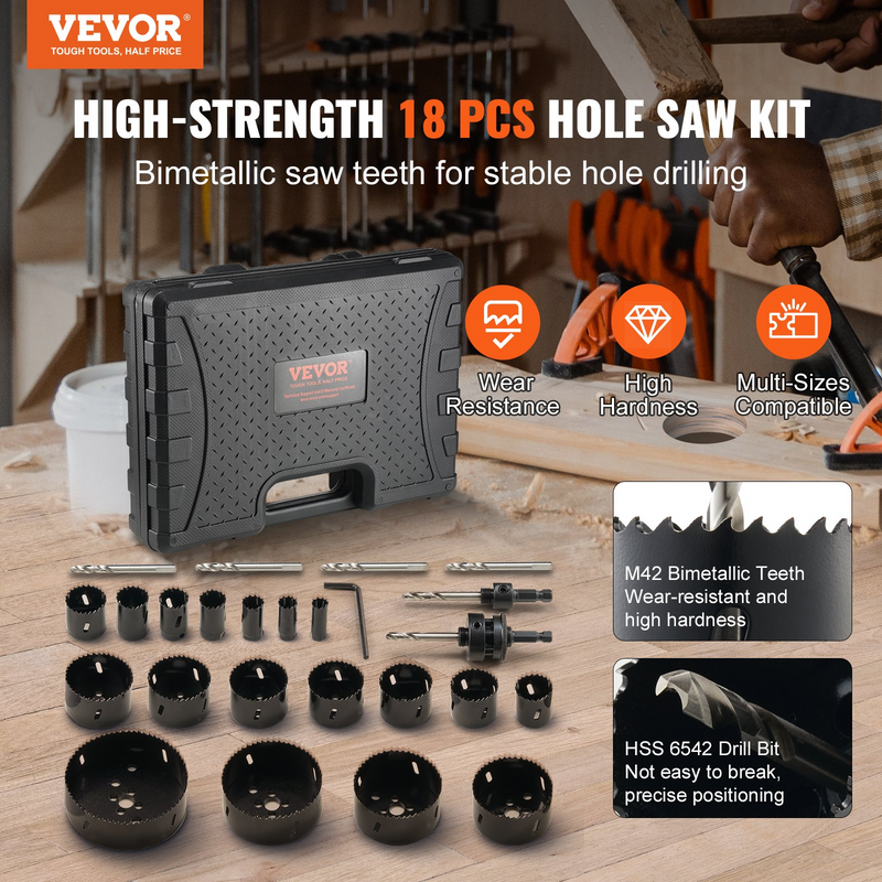 VEVOR Hole Saw Kit, 18 PCS Saw Blades, 6 Drill Bits, 1 Hex Wrench, General Purpose Size from 3/4