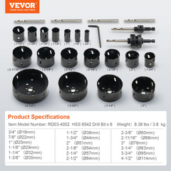 VEVOR Hole Saw Kit, 18 PCS Saw Blades, 6 Drill Bits, 1 Hex Wrench, General Purpose Size from 3/4" to 4-1/2", Bi Metal M42 Hole Saw Set with Carrying Case, Ideal for Wood Board, Plastic and Iron Plate