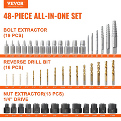 VEVOR 48-Piece Bolt Extractor Screw Extractor Set, with 13 PCS Bolt Extractor Set, 19 PCS Screw Extractors, 16 PCS Reverse HSS Drill Bits, Storage Case, for Removing Damaged Bolts, Screws, and Nuts