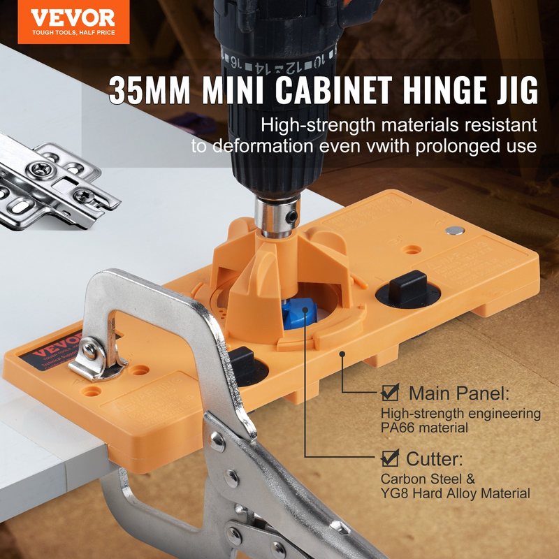 VEVOR Concealed Hinge Jig, Cabinet Hinge Jig with C-Type Clamp and Accessories, PA66 Nylon and Steel Material, Accurate Hinge Drill Jig Woodworking Tool for Doors Cabinets Hinges Mounting