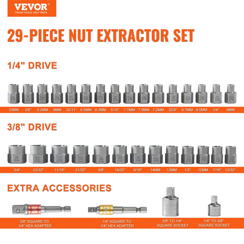 VEVOR Bolt Extractor Set, 29-Piece Bolt and Nut Remover Set, 6mm to 10mm, 13/32