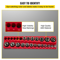 VEVOR 3-Pack SAE Magnetic Socket Organizers, 1/2-inch, 3/8-inch, 1/4-inch Drive Socket Holders Hold 68 Sockets, Red Tool Box Organizer for Sockets Storage