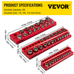 VEVOR 3-Pack SAE Magnetic Socket Organizers, 1/2-inch, 3/8-inch, 1/4-inch Drive Socket Holders Hold 68 Sockets, Red Tool Box Organizer for Sockets Storage