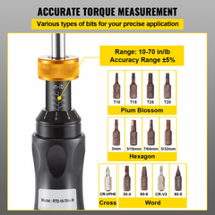 VEVOR Torque Screwdriver, 1/4" Drive Screwdriver Torque Wrench, Torque Screwdriver Electrician 10-70 in/lbs Torque Range Accurate to ±5%, Adjustable inch Pound Torque Screwdriver with Bits & Case