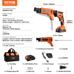 VEVOR Drywall Screw Gun Auto-Feed, 20V Max Collated Drywall Screwgun, 4200RPM Brushless Cordless Drywall Gun Kit with 2 Battery Packs, Charger, Belt Clip, Tool Bag, Screw Length and Depth Adjustable